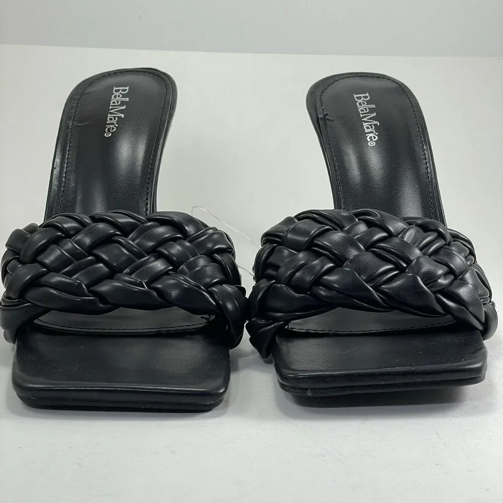 Braided Vegan Leather Square Toe Sandals 4” Womens 6/8.5/9 Black Bella Marie New